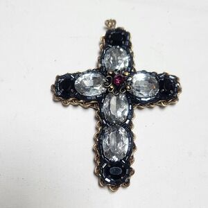 Gold Tone Cross Pendant Large Clear Black Pink Crystals